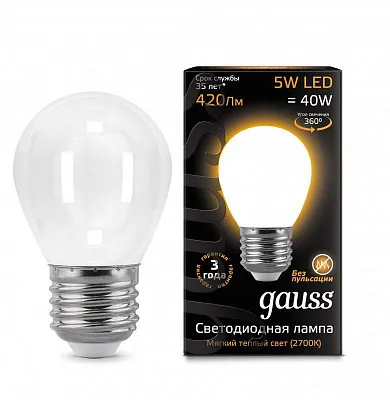Лампа Gauss Filament Шар 5W 420lm 2700К Е27 milky LED 1/10/50
