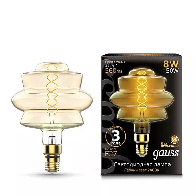 Лампа Gauss Filament BD180 8W 560lm 2400К Е27 golden flexible LED 1/4