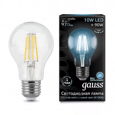 Лампа Gauss Filament А60 10W 970lm 4100К Е27 LED 1/10/40