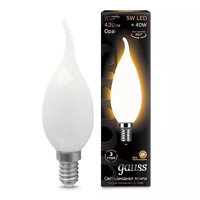 Лампа Gauss Filament Свеча на ветру 5W 420lm 2700К Е14 milky LED 1/10/50