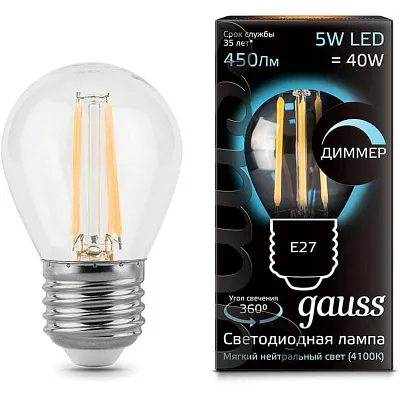 Лампа Gauss Filament Шар 5W 450lm 4100К Е27 диммируемая LED 1/10/50
