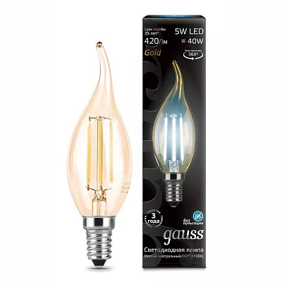 Лампа Gauss Filament Свеча на ветру 5W 420lm 4100К Е14 golden LED 1/10/50