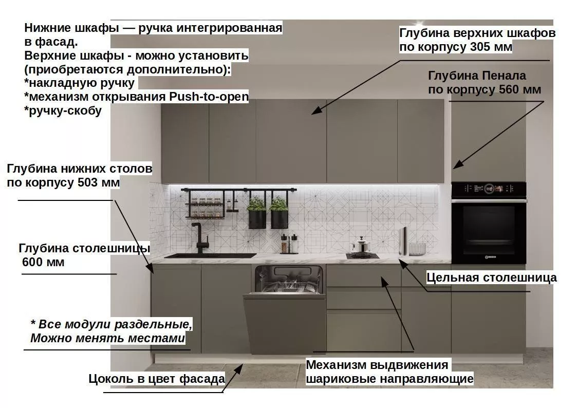 Кухонный гарнитур Обсидиан Лайн 3 метра серый (арт.12)
