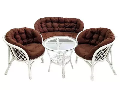 Комплект мебели из ротанга Багама с диваном белый матовый (подушки твил полные коричневые)
