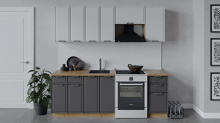 Кухонный гарнитур Белладжио Трия 220 см Дуб Крафт золотой / Фон белый / Софт графит
