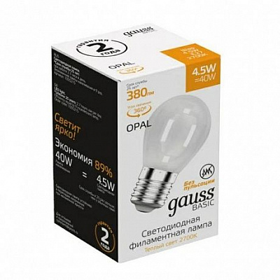 Лампа Gauss Basic Filament Шар 4,5W 380lm 2700К Е27 milky LED 1/10/50